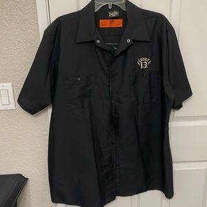 Lucky 13 mens button up shirt. Black sin motorcycle design.